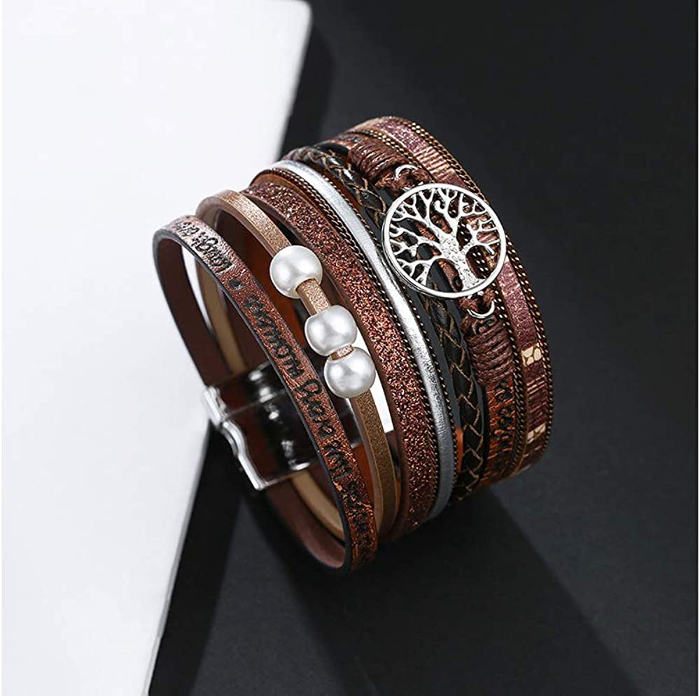 Fesciory Leopard Bracelet for Women, Boho Leather Wrap Multi-Layer Pearl Crystal Bracelet Bangle Jewelry - Image 3